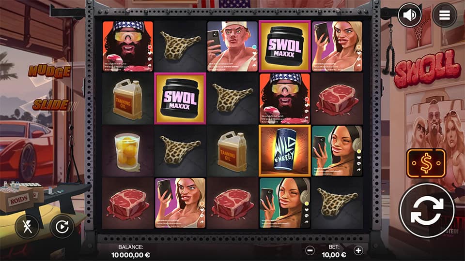 Base game view showing symbols like tanning oil, protein jars, leopard-print underwear, steaks, and influencer-style characters on a 5x3 reel grid.