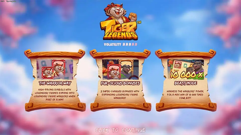 Intro screen highlighting Legendary Frame Warriors, bonus features, and up to 10,000x win potential.