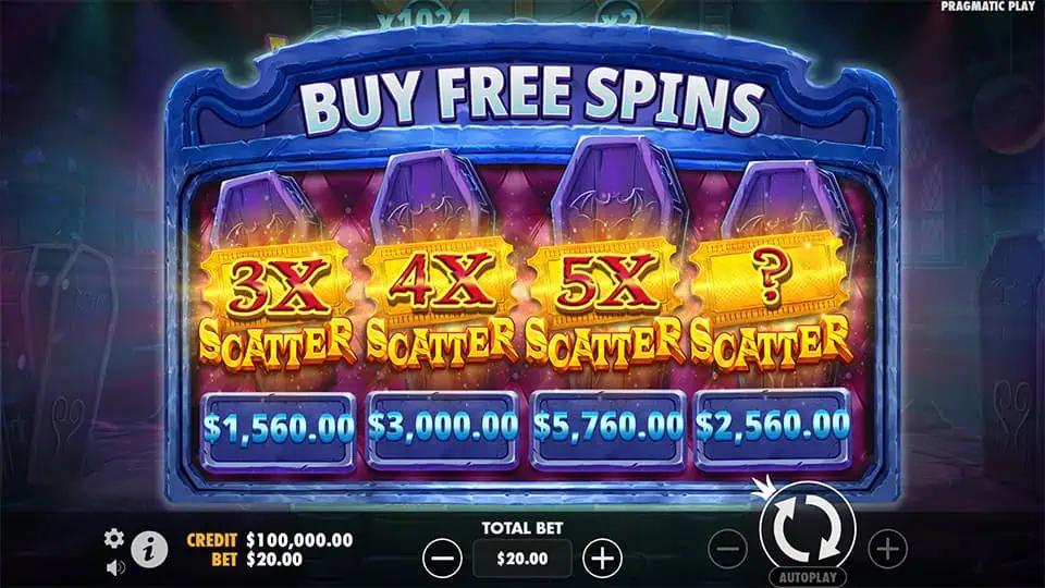 Buy Free Spins menu with 3x to 5x scatters and random option on purple tombstone panels.