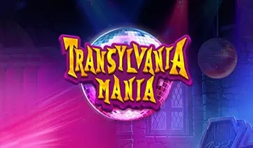 Transylvania Mania slot logo glowing over a disco ball in a haunted castle.
