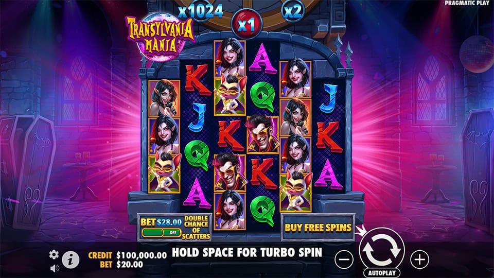 Game screen with vampire, bat, and wild symbols across gothic reels and colorful lighting.