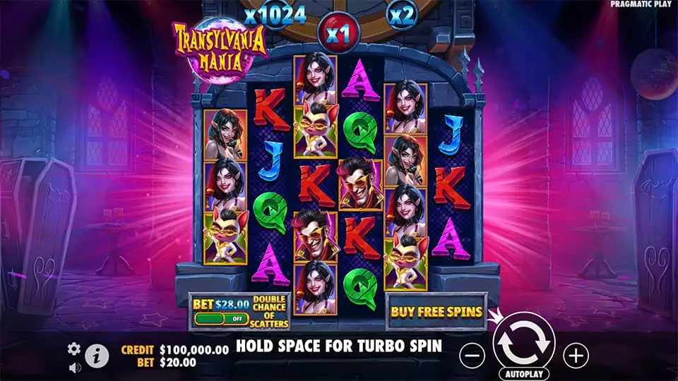 Game screen with vampire, bat, and wild symbols across gothic reels and colorful lighting.