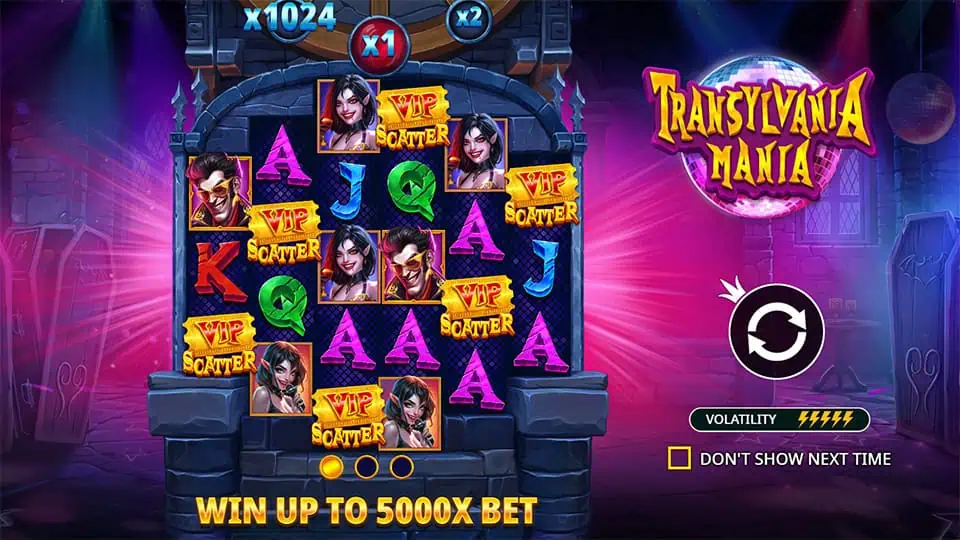 Intro screen showing scatter symbols, win potential up to 5,000x, and volatility meter.