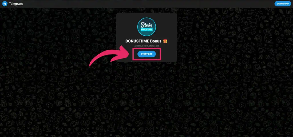 Telegram interface showing the official BonusTiime Stake bot with the “Start Bot” button highlighted.