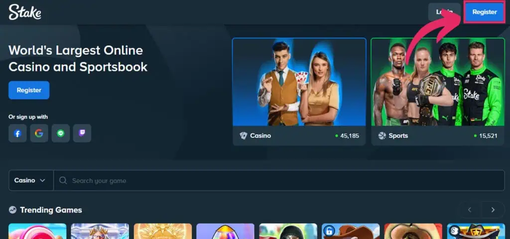 Screenshot of the Stake homepage showing how to register an account, with a pink arrow pointing to the “Register” button in the top right corner.