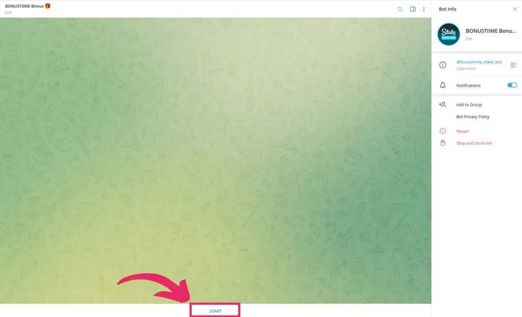 Start screen of the BonusTiime Stake Telegram bot with the “Start” button visible.