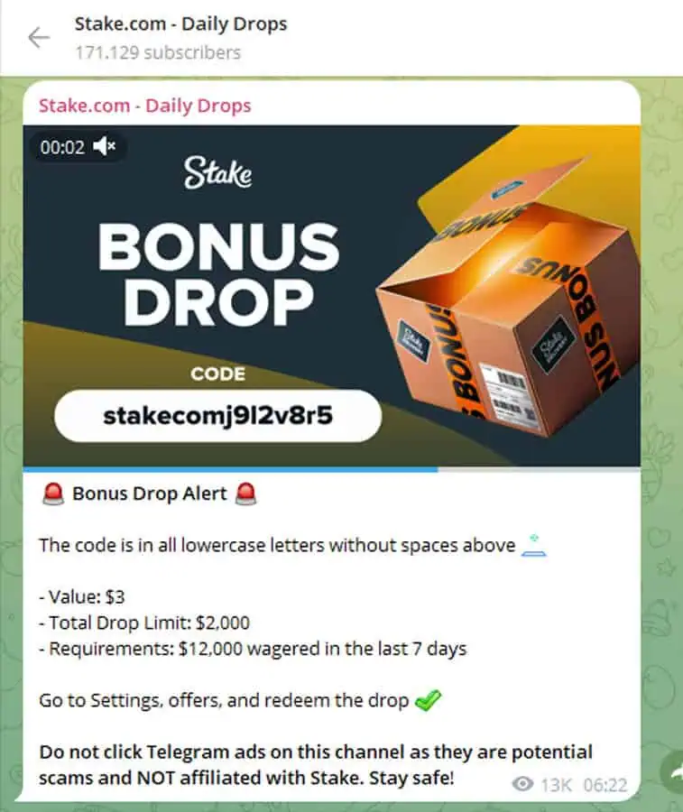Screenshot of the official Stake Telegram channel showing a Bonus Drop post with the code “stakecomj9l2v8r5” and instructions to redeem it on Stake, warning users about fake Telegram ads.