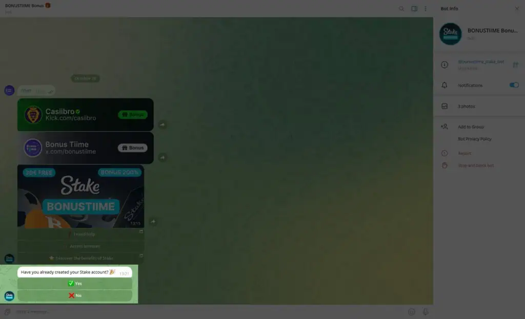 BonusTiime Stake bot message showing the “Create your account” link and instructions for new users.