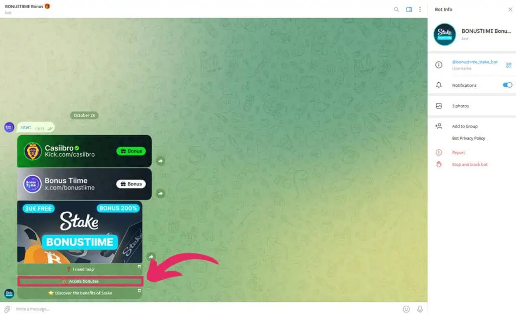 Telegram view of the BonusTiime Stake bot with the “Access bonuses” button highlighted.