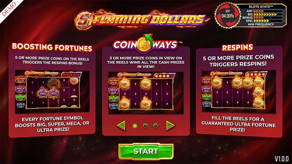 Intro screen with Boosting Fortunes, CoinWays, and Respins features explained using visual panels.