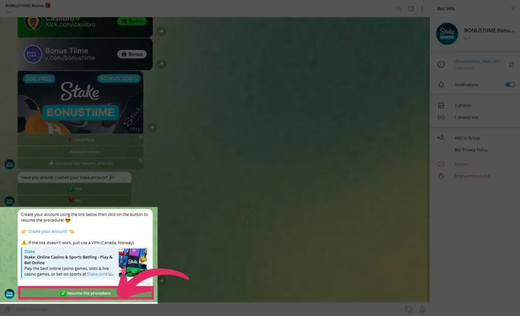 BonusTiime Stake Telegram bot showing the “Resume the procedure” button after account creation.