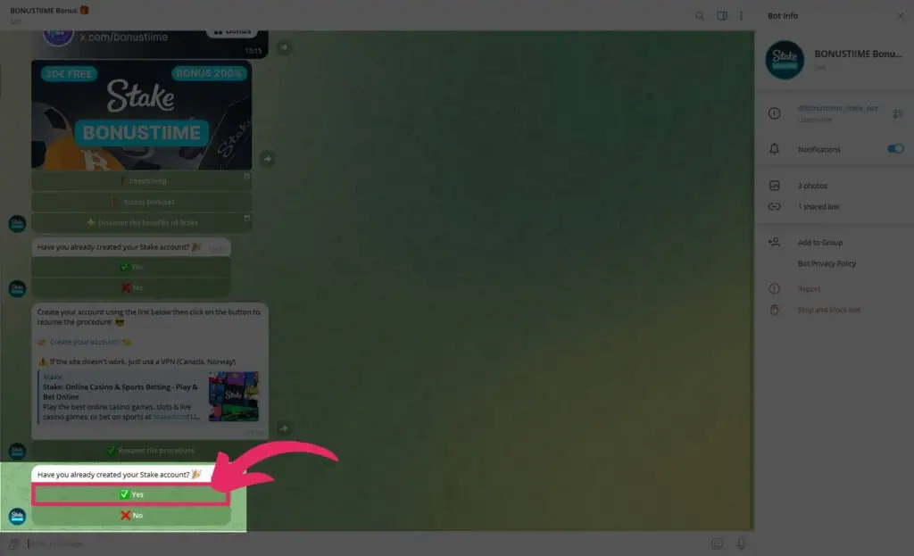 Telegram interface where users confirm by clicking “Yes” to continue the Stake bonus procedure.