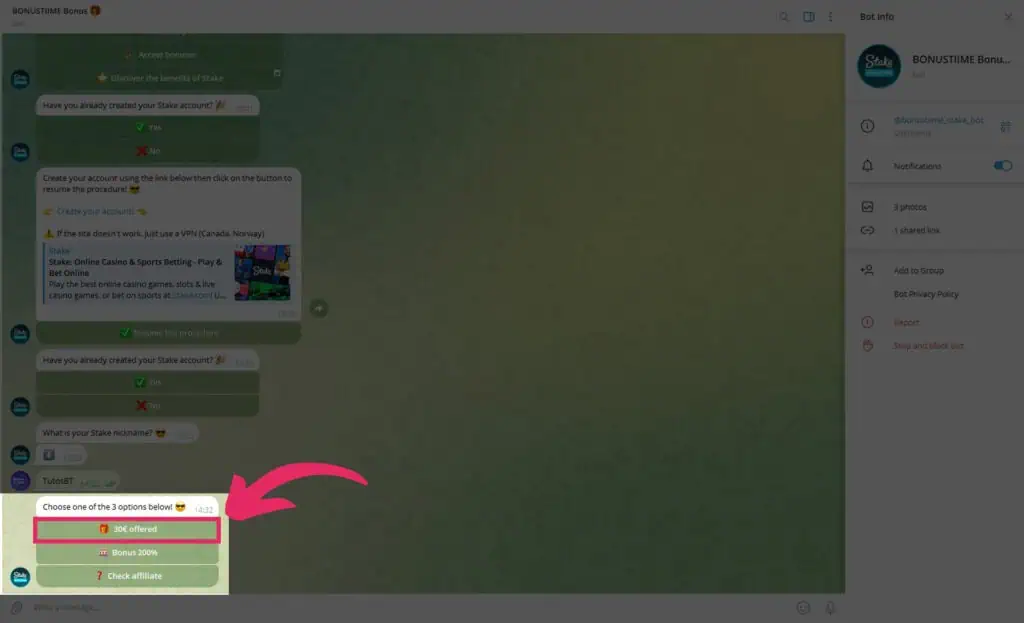 Telegram bot menu displaying bonus options including “30€ offered” highlighted in pink.
