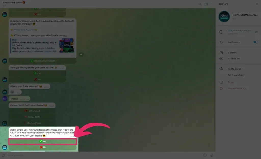 Telegram bot confirmation asking if the user made the minimum €20 deposit to receive the Stake bonus.