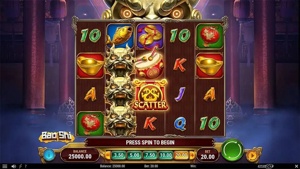 Reels featuring golden fish, drums, coins, and scatter symbols inside a red-lit Chinese temple.