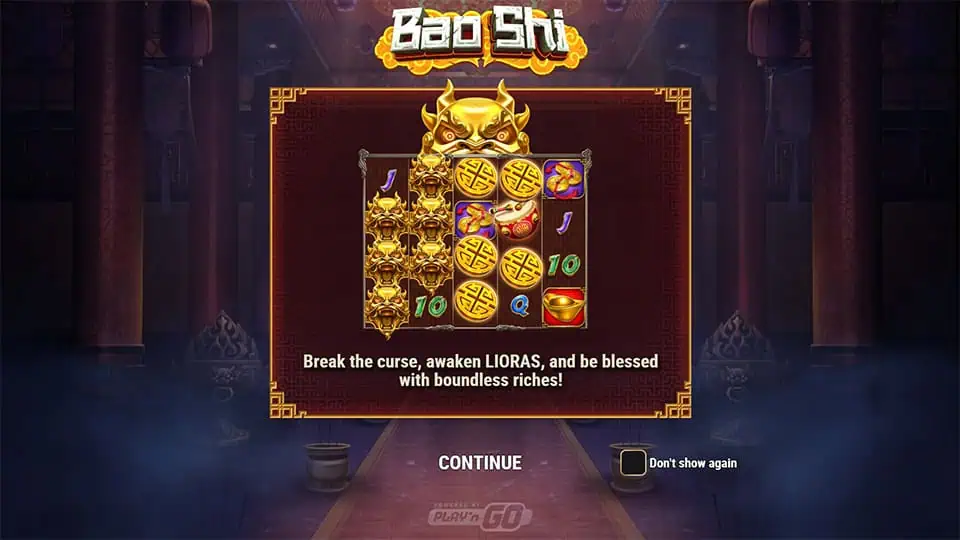 Intro screen with Bao Shi title, atmospheric temple setting, and a call to awaken Lioras for hidden treasures.