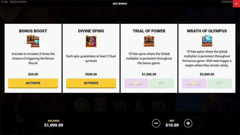 Bonus Buy menu with options like Bonus Boost, Divine Spins, and Wrath of Olympus featuring Duel mechanics.