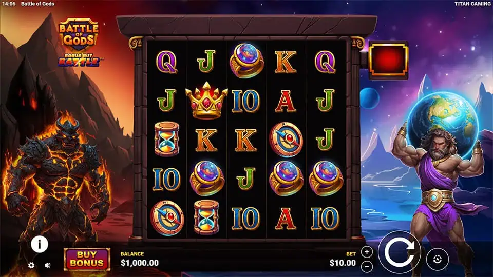 Slot grid filled with crowns, rings, and hourglasses, flanked by a lava demon and a god holding the Earth.