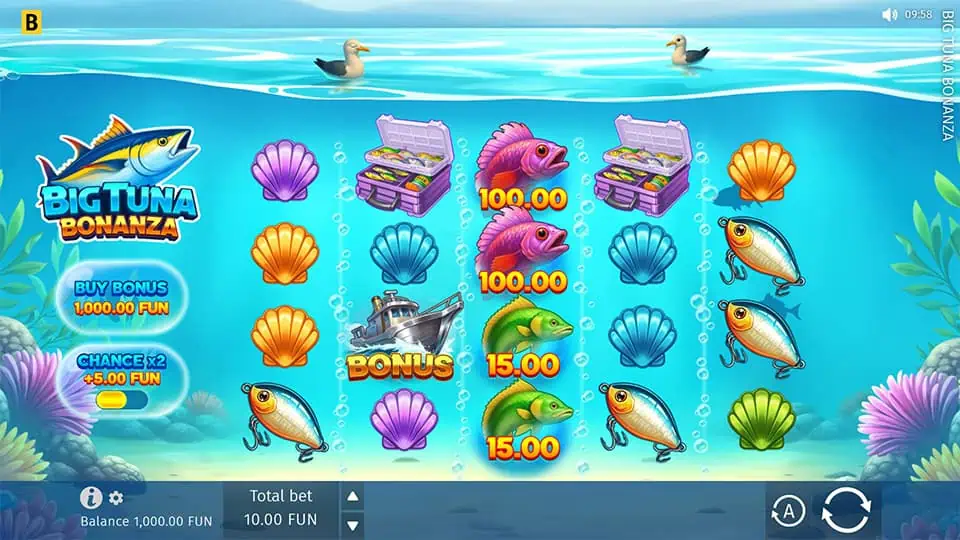Main game screen with colorful fish, seashells, fishing gear, and boat bonus symbols, set in a vibrant underwater environment.