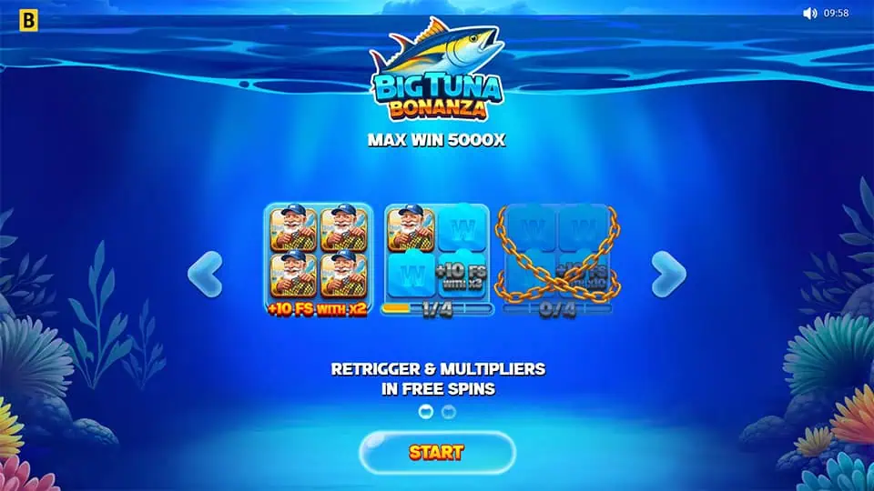 Intro screen highlighting the Big Tuna Bonanza logo, maximum win potential, and key free spins features with retriggers and multipliers.