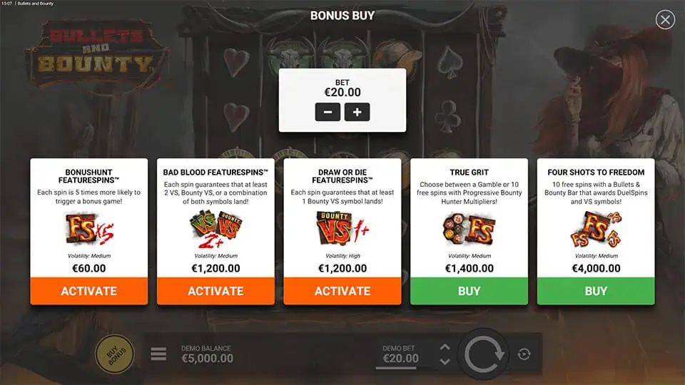 Feature buy menu offering five spin modes with various DuelReels and bounty bonus setups.