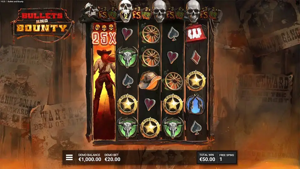DuelReel round showing a 25x multiplier, Bounty Hunter on left, and "VS" symbols above the reels.