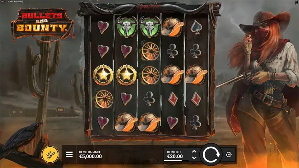5-reel slot grid with sheriff stars, hats, and bulls; female outlaw holding a revolver beside the reels.