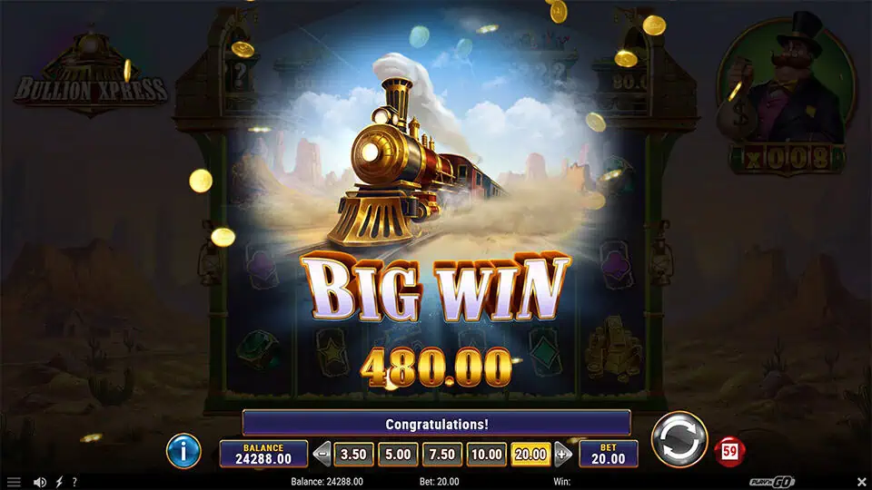 “Big Win” banner with a steam locomotive bursting through dust clouds, surrounded by falling gold coins.