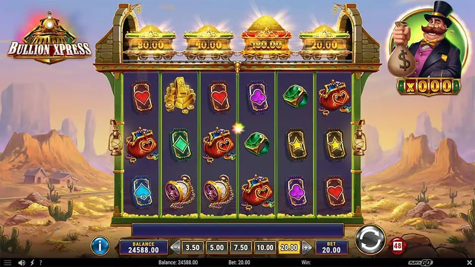 Gameplay with gold carts, silver carts, and high-value prize carts above the reels, ready to be collected during the feature round.