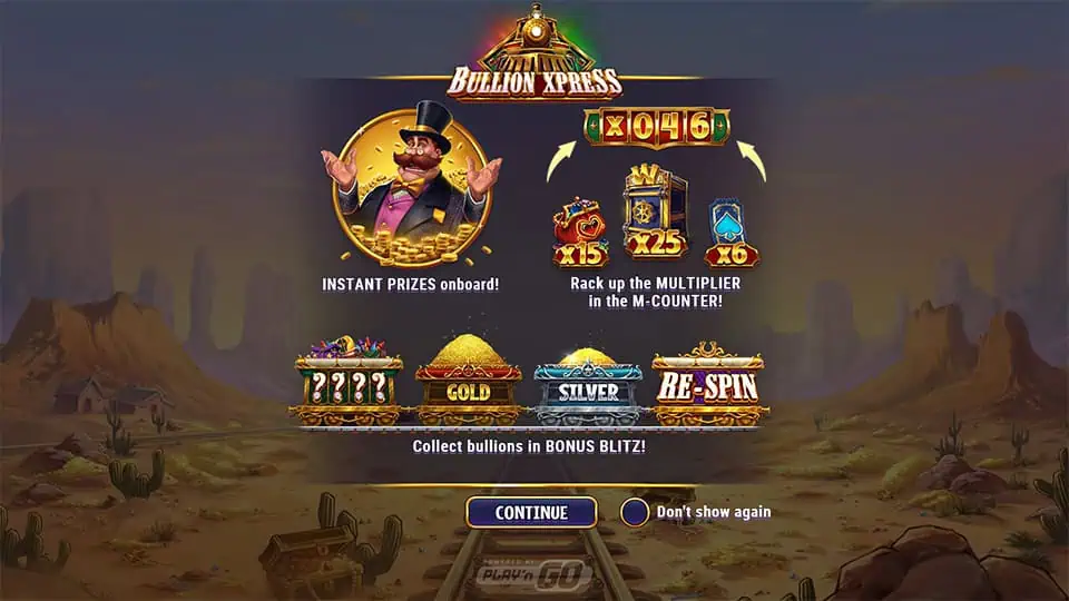 Intro screen displaying Bullion Xpress logo, main character with a bag of gold, and feature highlights including instant prizes, gold and silver carts, and respins.