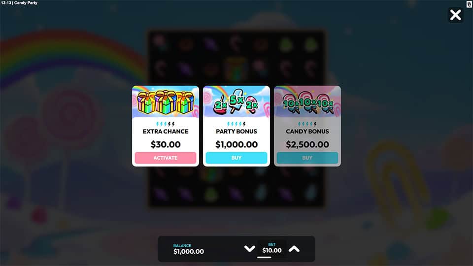 Bonus buy menu offering Extra Chance, Party Bonus, and Candy Bonus options.