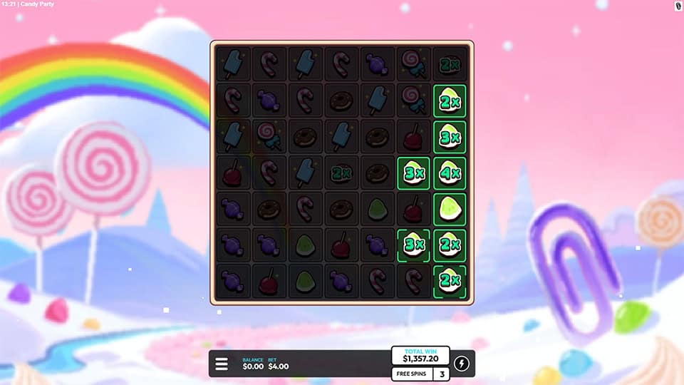 Slot board showing candy symbols with attached multipliers like 2x, 3x, and 4x on the side.