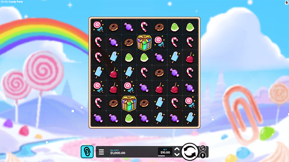 Colorful candy grid with gift boxes, lollipops, and treats set in a bright candyland backdrop.