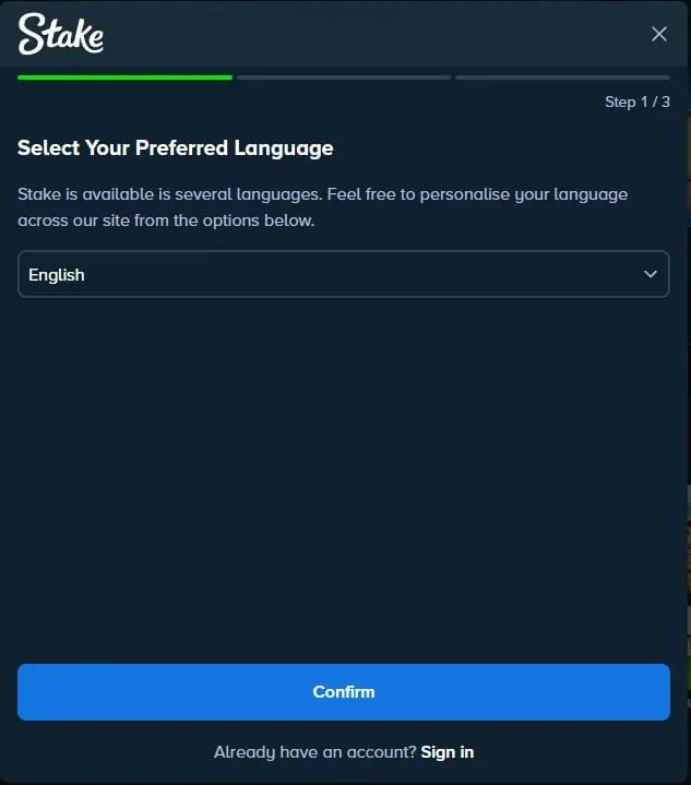 Screenshot of the Stake signup process showing Step 1 where users select their preferred language before confirming and creating an account.