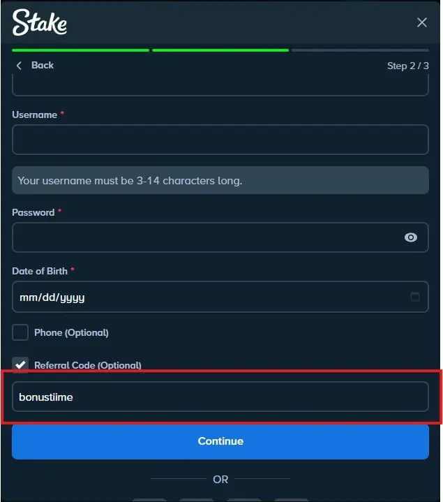 Screenshot of the Stake registration form showing where to enter the referral code “bonustiime” in the optional field before continuing the signup process.