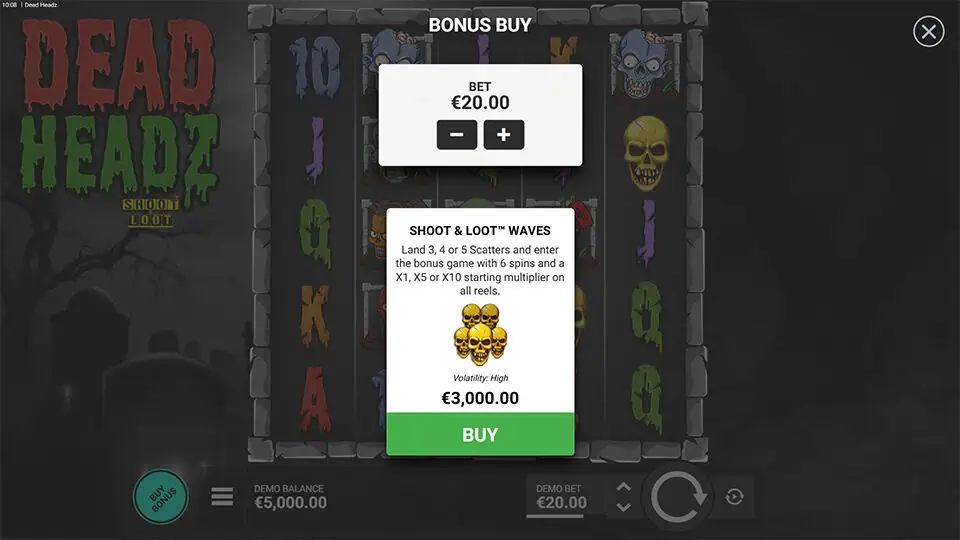 Bonus buy menu offering “Shoot & Loot Waves” feature with starting multipliers and entry cost, displayed over base game reels.