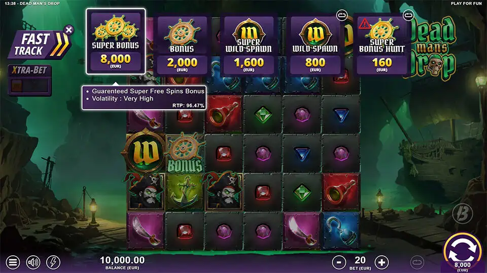 Buy bonus menu with five feature options including wild spawn, super bonus, and volatility tags.