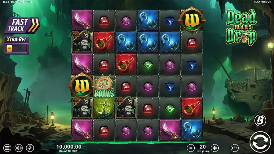 6x6 pirate-themed slot grid with wilds, swords, anchors, bonus wheels, and gem symbols.
