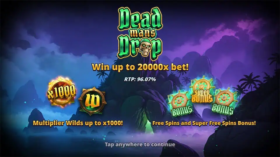 Intro screen showing bonus features like free spins, super bonus rounds, and wild multipliers.