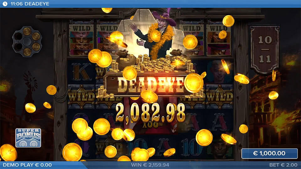 Big win animation with the Deadeye logo, gold coins bursting, and a character celebrating behind a pile of gold.