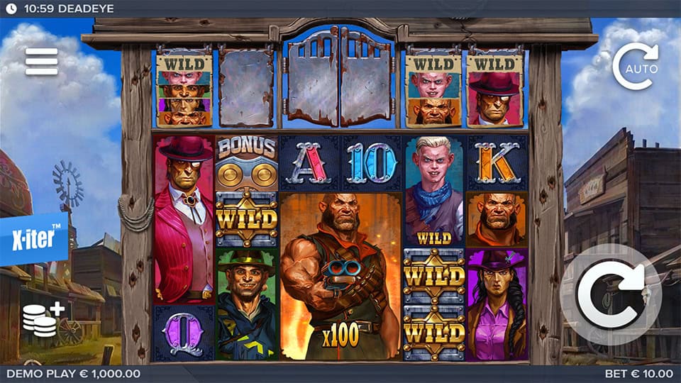 Main game screen with cowboy characters, wild symbols, and rustic reels in a western town.
