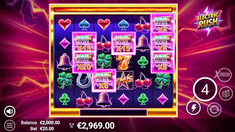 Bonus mode with bright multiplier batteries, countdown meter, and electric visuals around the reels.