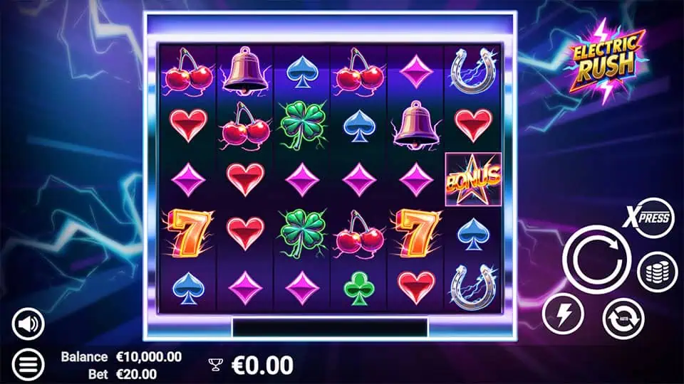 Main game screen with neon fruit symbols, classic sevens, clovers, and Bonus symbols on 5 reels.