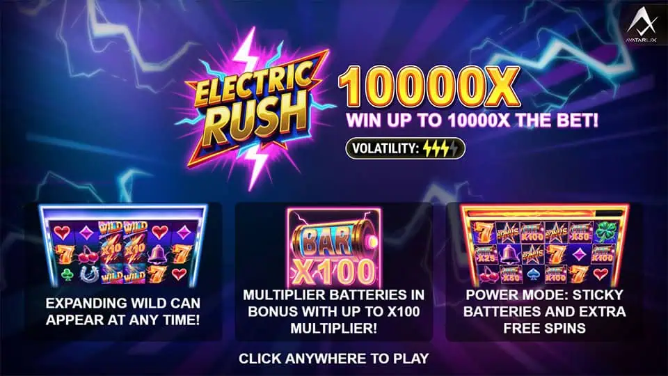 Intro screen highlighting Expanding Wilds, Multiplier Batteries, and Power Mode with sticky features.
