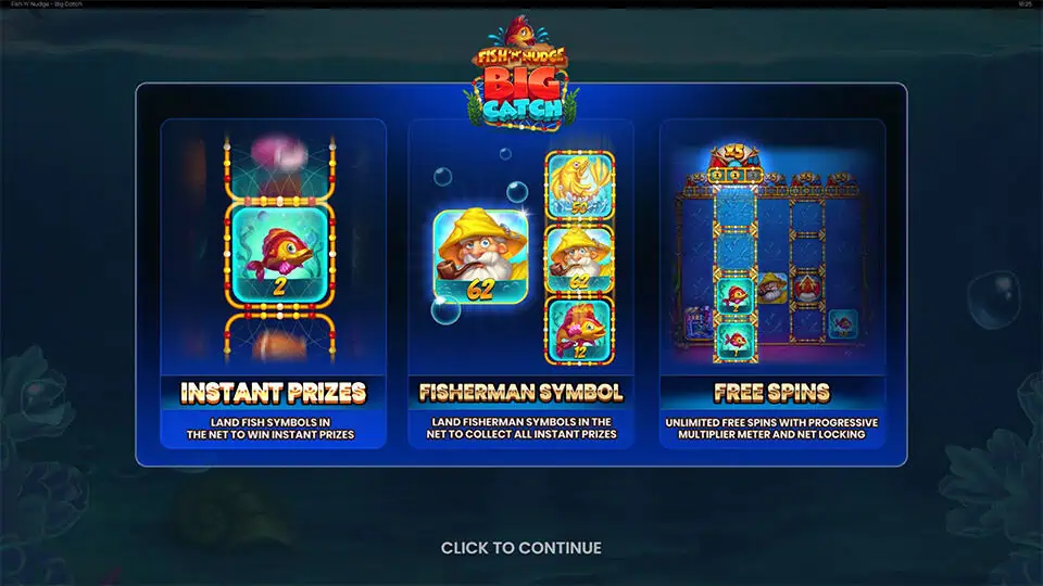 Intro screen explaining instant prizes, the fisherman collector, and unlimited free spins with multipliers.