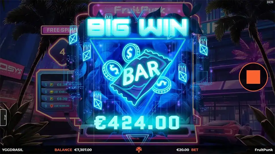 Big Win display with a neon triangle, glowing BAR symbol, and animated blue dollar signs.