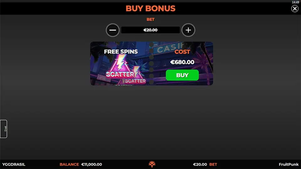 Buy bonus screen with adjustable bet and free spins activation using three scatter symbols.