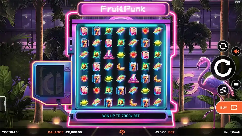Vertical reel layout with fruit, bar, and scatter symbols in a cyberpunk setting, framed by neon-lit controls.
