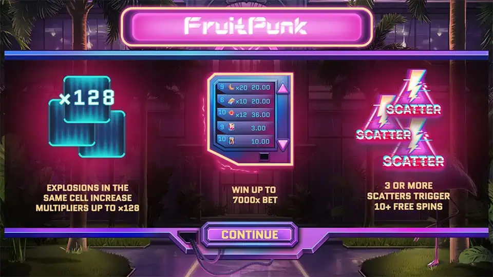 Intro screen showing multiplier features, payout symbols, and free spins trigger with three or more scatters.