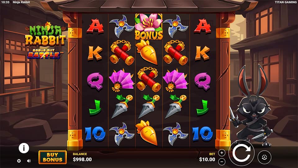 Slot grid with ninja weapons, golden carrots, bonus symbols and ninja rabbit on the side.